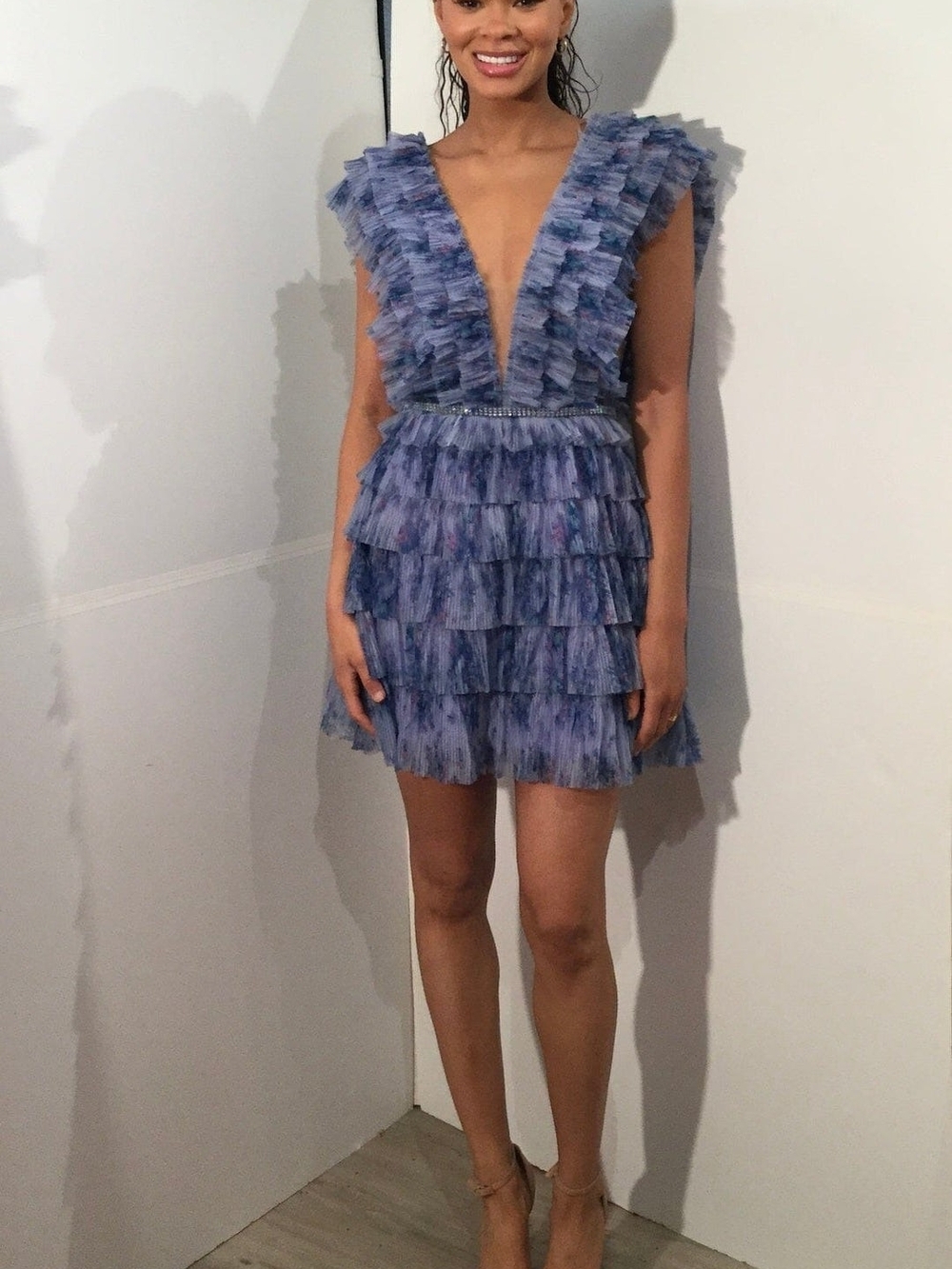 Jovani Lavender-Blue Ruffled Deep V Tiered Mini Dress